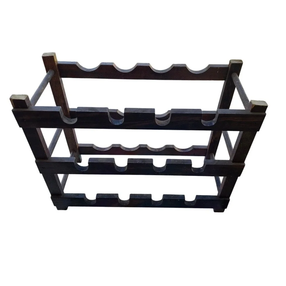 Vintage Rustic Dark Wood 12 Bottle Stackable Wine Rack Freestanding Scalloped‎